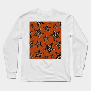 Leopard Print, Stars, on Rust Orange, Brown Long Sleeve T-Shirt